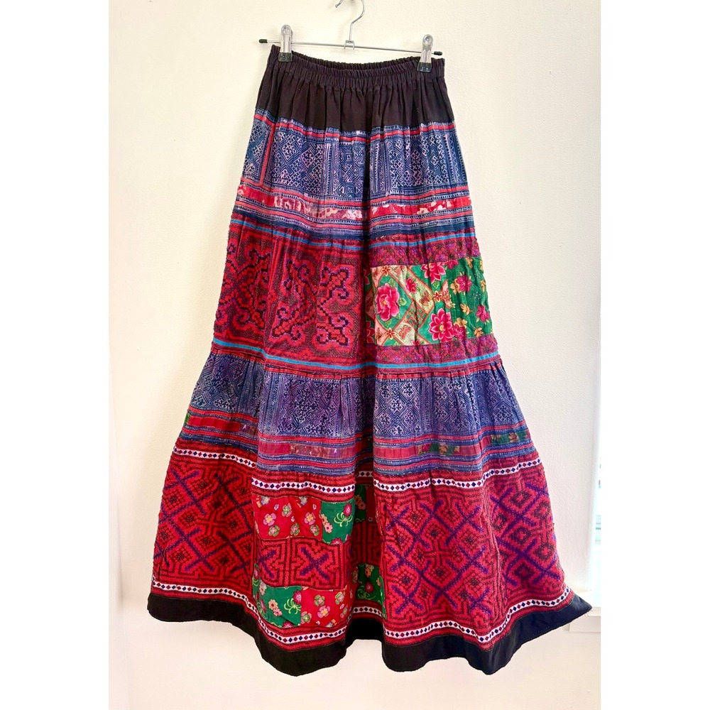 Vintage Hmong Miao Hand Embroidered Patchwork Maxi Skirt S M Indigo Red Boho